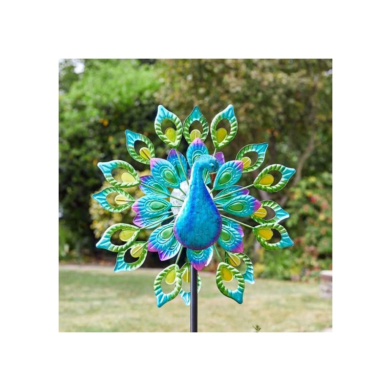Peacock Garden Wind Spinner Solar Powered With A Light Up Multi Coloured Crackle Globe