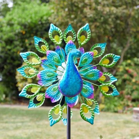 Peacock Garden Wind Spinner Solar Powered With A Light Up Multi Coloured Crackle Globe