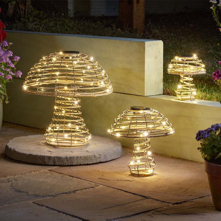 3Pk Glow Cap Rattan Light Up Mushroom Solar Powered Garden Decor