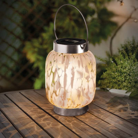 Glass Art Solar Powered Lantern Pink & White Stunning Garden Hanging Lantern